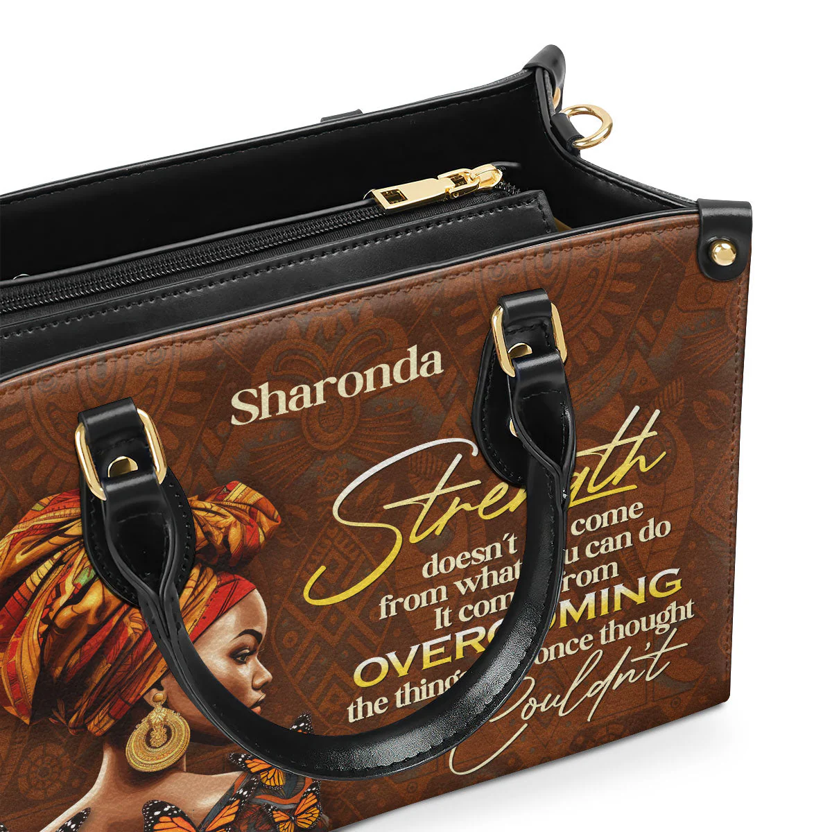 Strength Overcoming Afro Butterfly - Personalized Leather Handbag - Empowerment Gift For Her | HD95 - Image 3