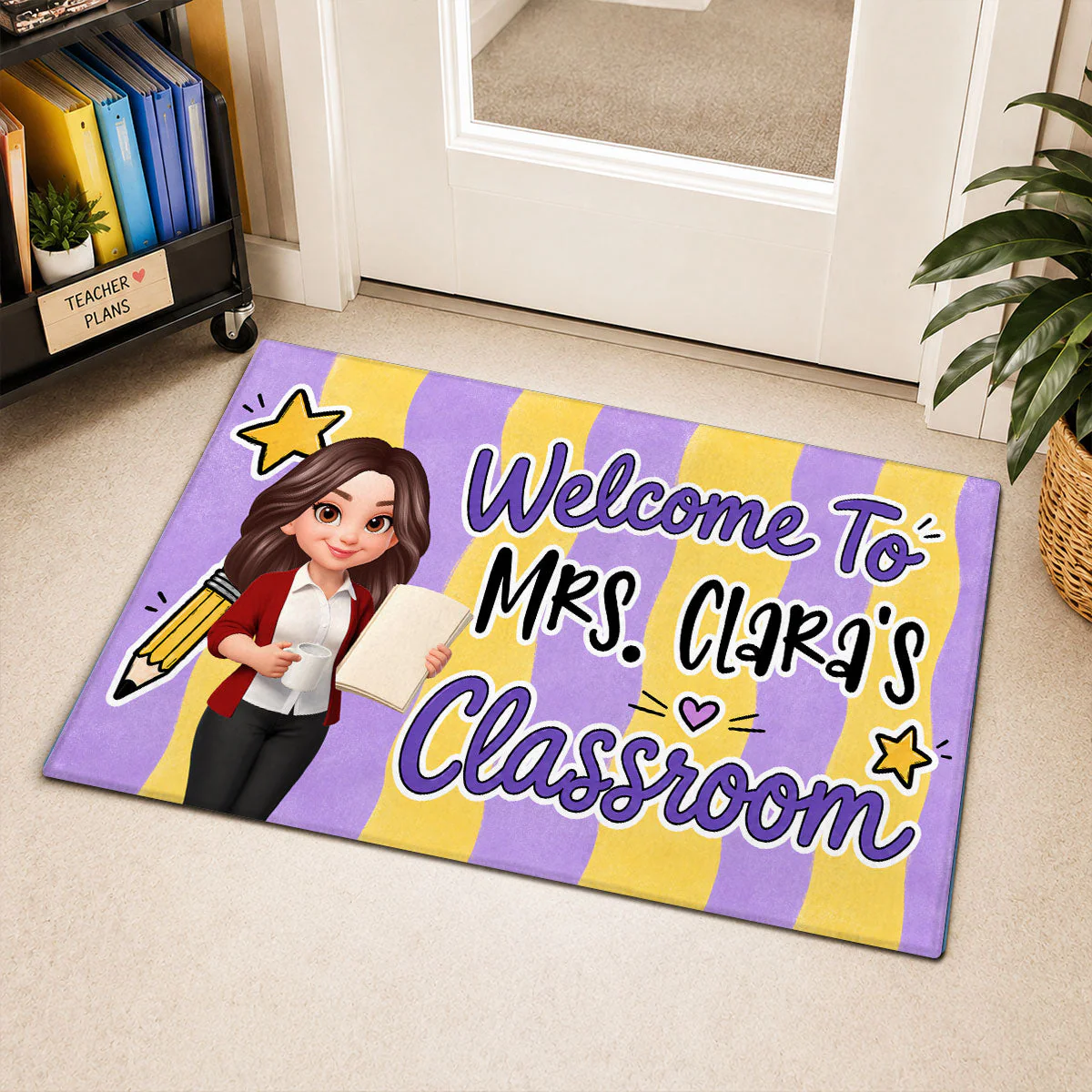 Striped Teacher Welcome To Classroom - Personalized Doormat - Gift For Teacher