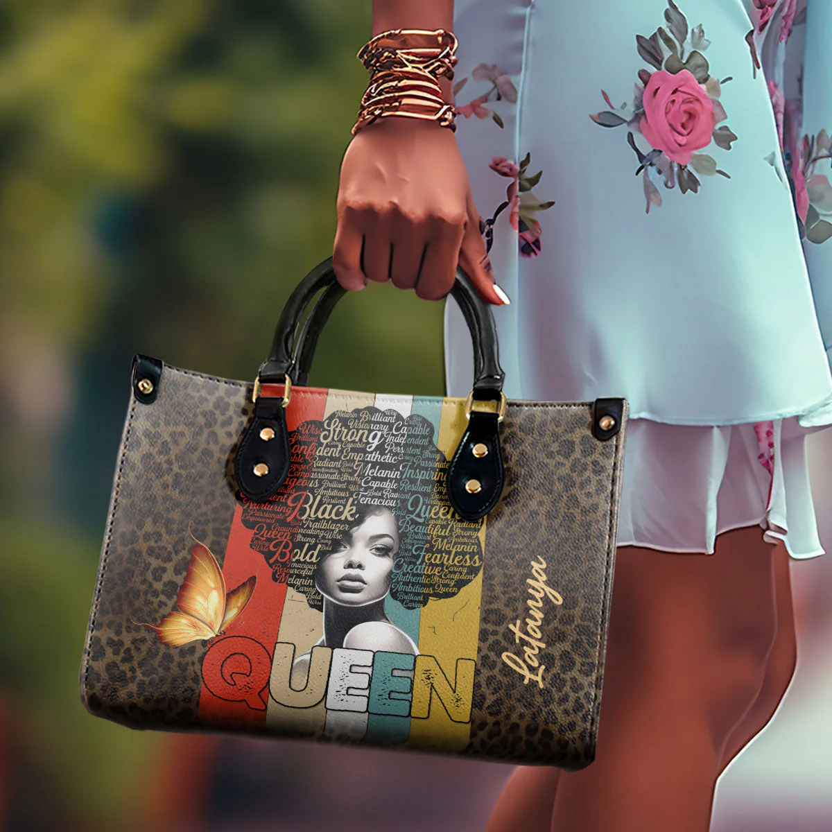 Strong Black Queen Afro Art - Personalized Leather Handbag - Inspirational Gift For Her | HD95 - Image 2