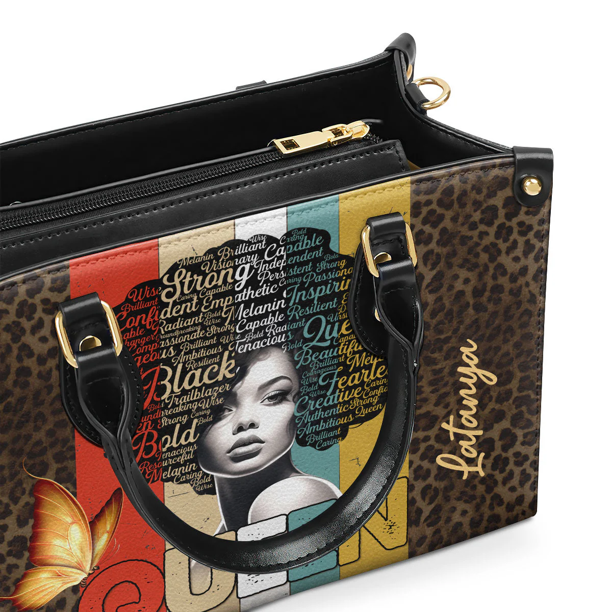 Strong Black Queen Afro Art - Personalized Leather Handbag - Inspirational Gift For Her | HD95 - Image 3