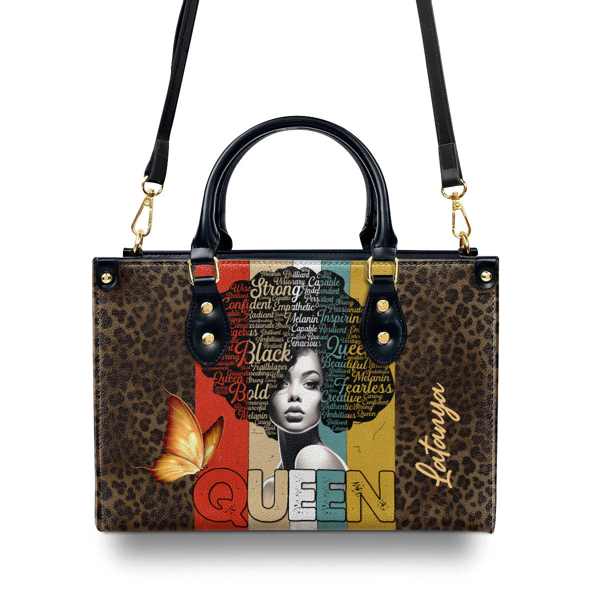 Strong Black Queen Afro Art - Personalized Leather Handbag - Inspirational Gift For Her | HD95 - Image 4