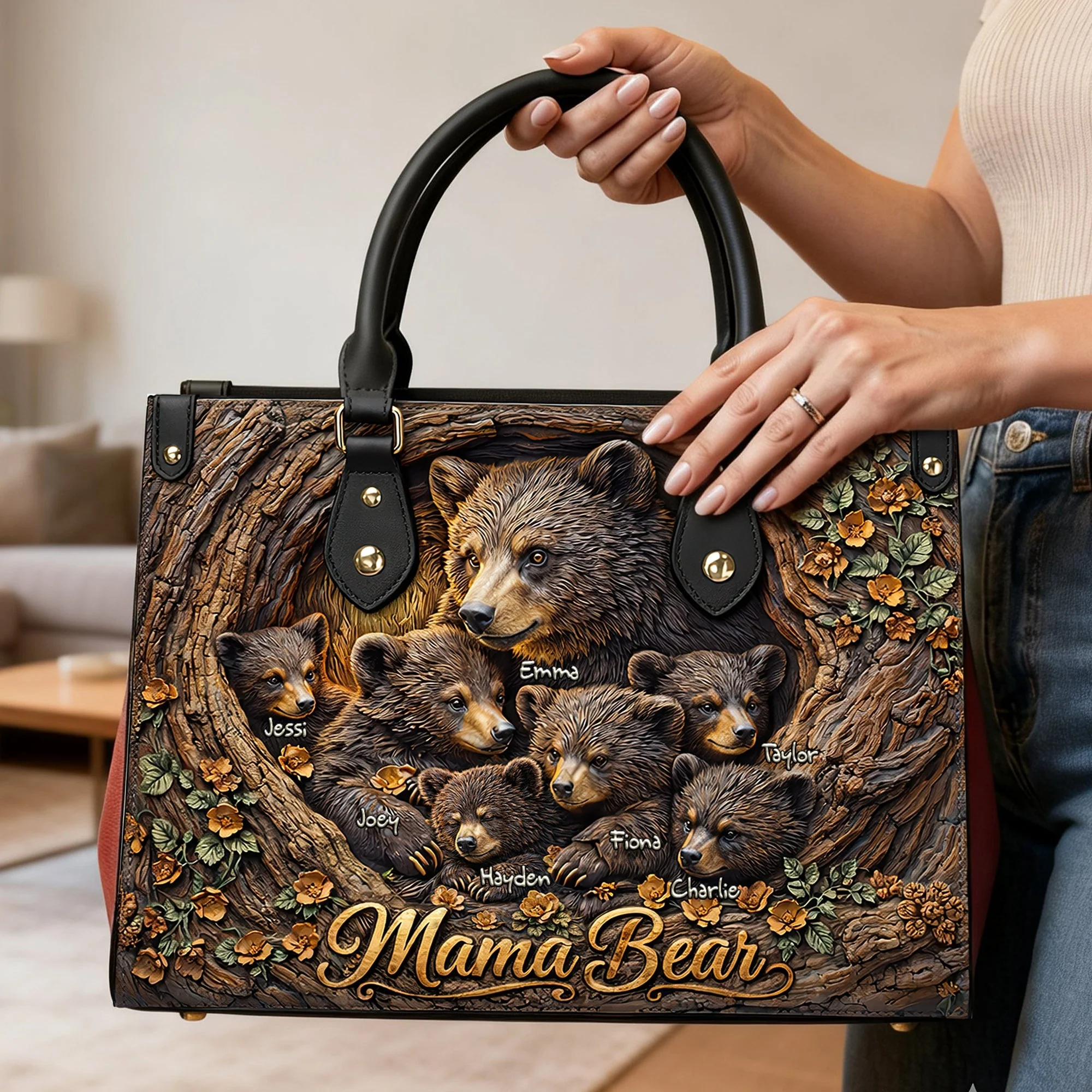 Strong Mama Bear Family - Personalized Leather Bag - Gift For Mom, Grandma - Image 2