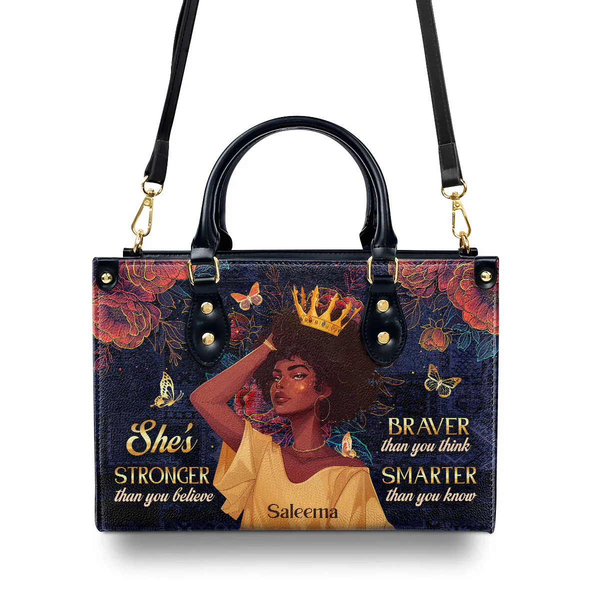 Stronger Than You Believe - Personalized Black Queen Leather Handbag -  Gift For Women | HD95 - Image 3