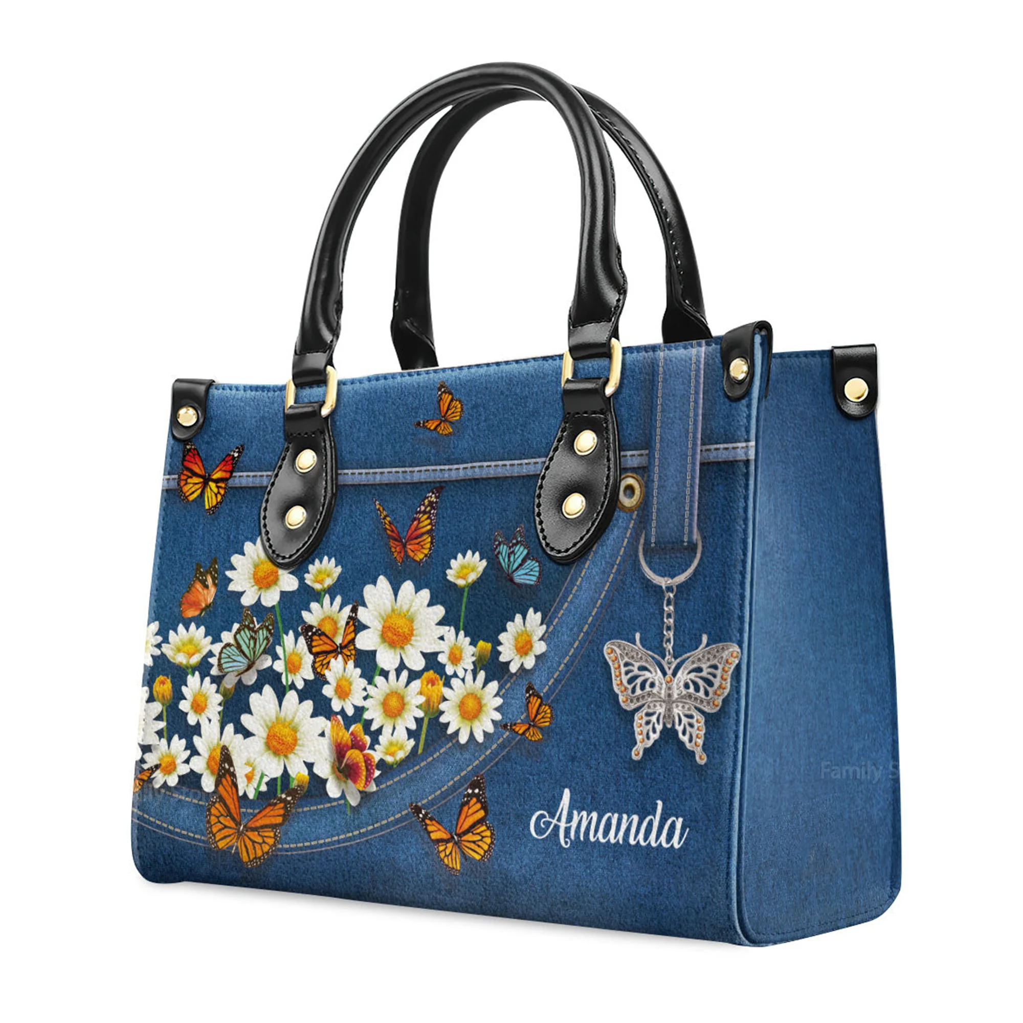 Stunning Daisy And Butterfly - Personalized Leather Handbag With Handle - AT4081432 - Image 3