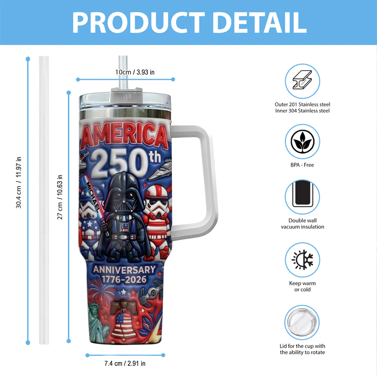 Stwa Galaxy Star Celebrate 250 Years Of USA - Personalized Tumbler With Handle - Gift For Patriots, Movie Fans - Image 6