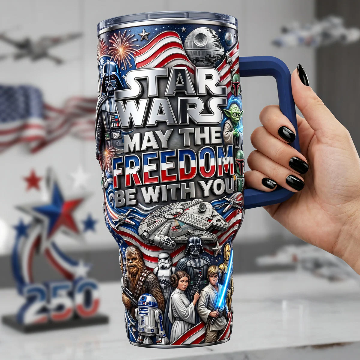 Stwa May The Freedom Be With You - Personalized Tumbler With Handle - Gift For Patriots, Movie Fans