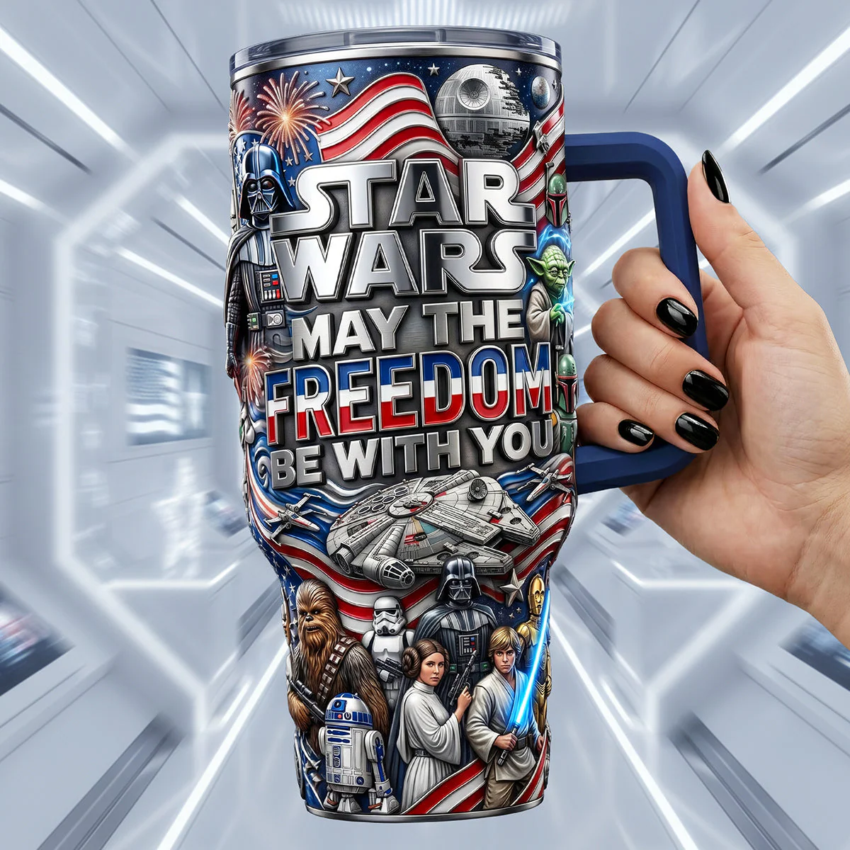 Stwa May The Freedom Be With You - Personalized Tumbler With Handle - Gift For Patriots, Movie Fans - Image 2