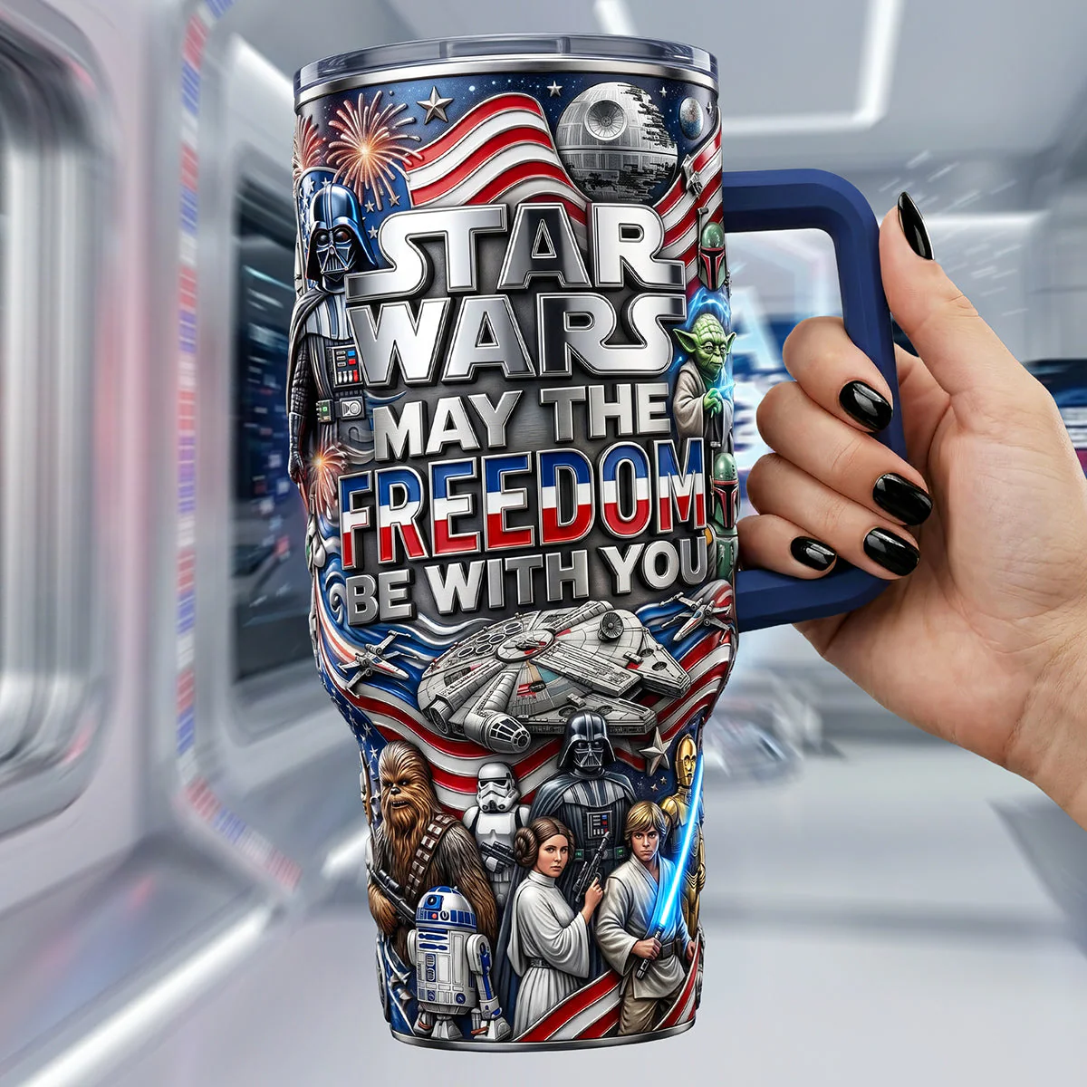 Stwa May The Freedom Be With You - Personalized Tumbler With Handle - Gift For Patriots, Movie Fans - Image 3