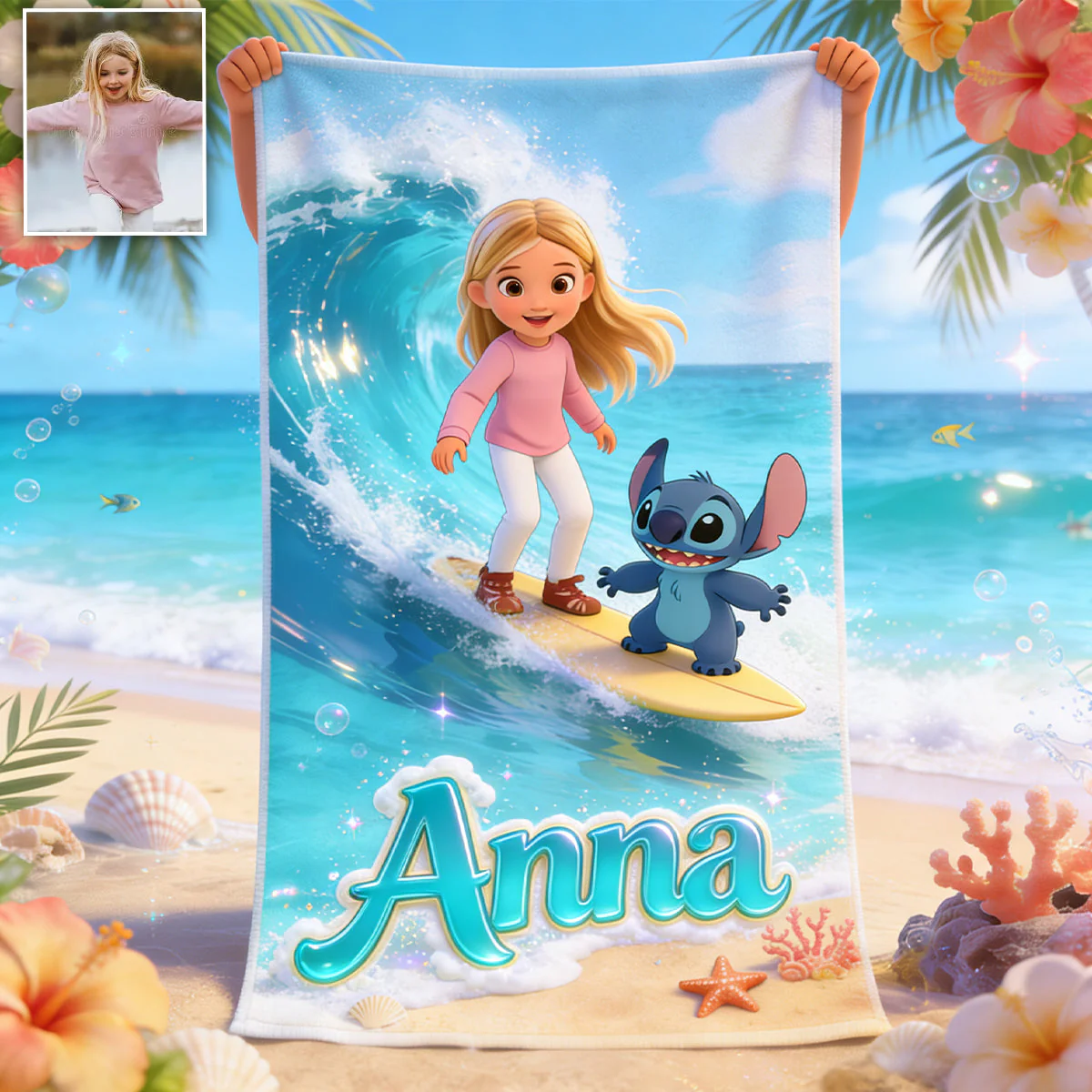 Summer Surfing Vacation With Cute Blue Alien - Personalized Custom Photo Beach Towel - Vacation Gift For Movie Fans - Sti