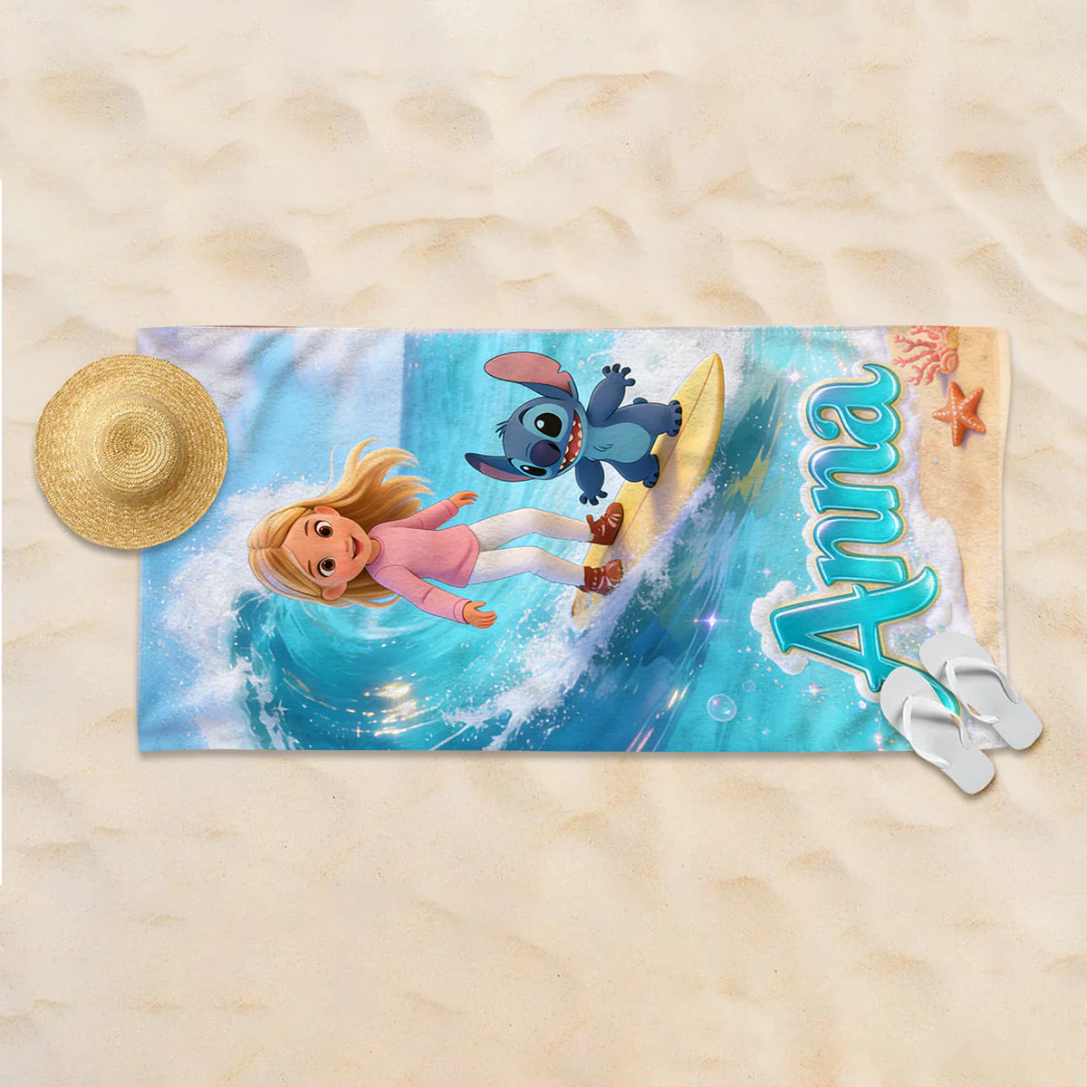 Summer Surfing Vacation With Cute Blue Alien - Personalized Custom Photo Beach Towel - Vacation Gift For Movie Fans - Sti - Image 2