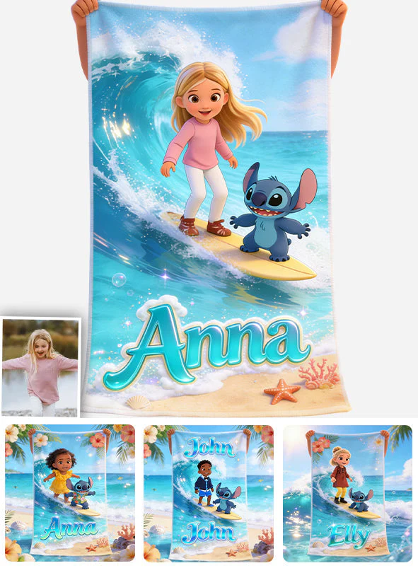 Summer Surfing Vacation With Cute Blue Alien - Personalized Custom Photo Beach Towel - Vacation Gift For Movie Fans - Sti - Image 6