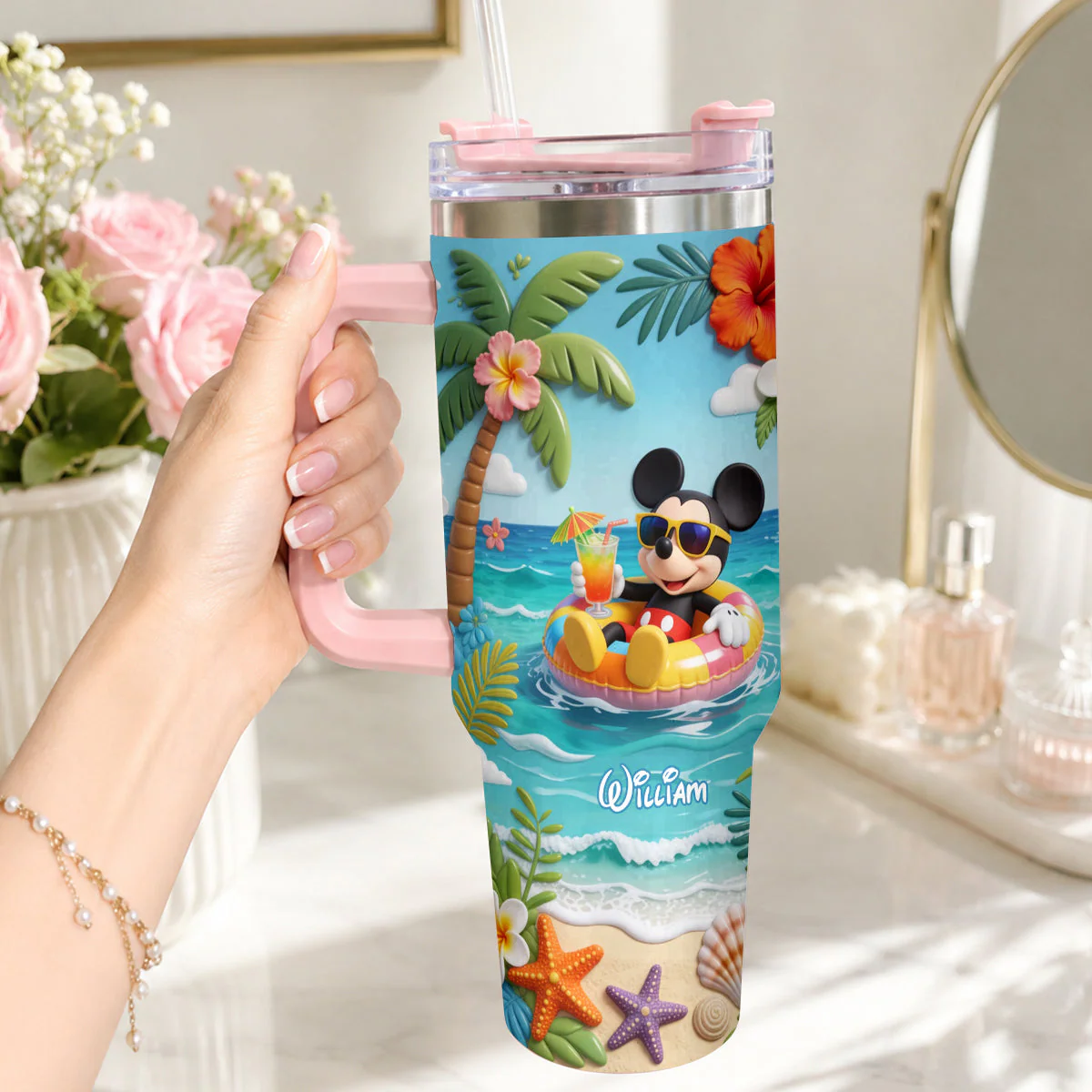 Summer Vibes Magic Mouse - Personalized Tumbler With Handle - Gift For Movie Fans - MkMo - Image 3