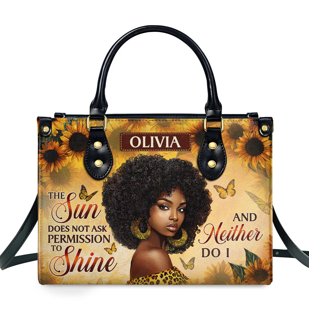 Sunflower Black Queen Shine - Personalized Afrocentric Leather Handbag - Empowering Gift For Her HD95