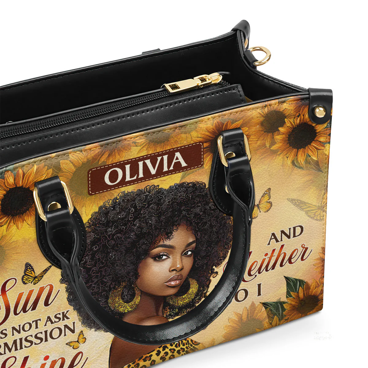 Sunflower Black Queen Shine - Personalized Afrocentric Leather Handbag - Empowering Gift For Her HD95 - Image 3