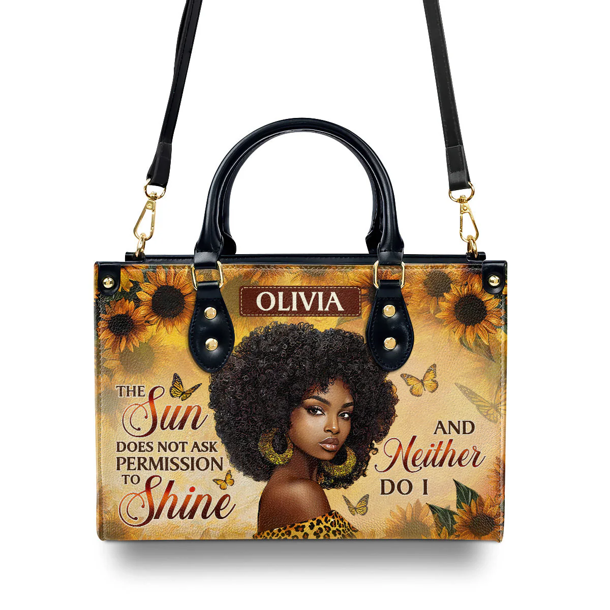 Sunflower Black Queen Shine - Personalized Afrocentric Leather Handbag - Empowering Gift For Her HD95 - Image 4