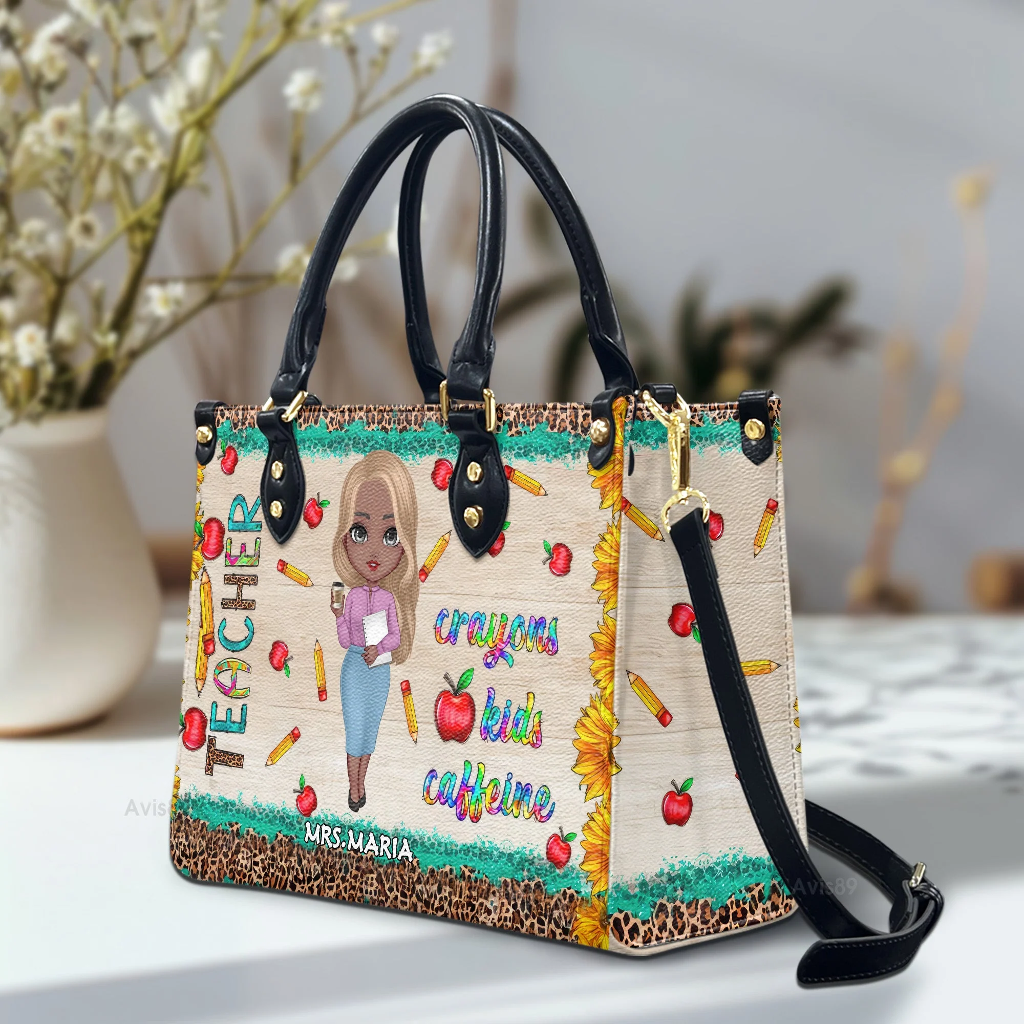 Sunflowers Crayons, Kids & Caffeine - Personalized Leather Handbag - Gift For Teacher | CLTC01 HD95 - Image 2