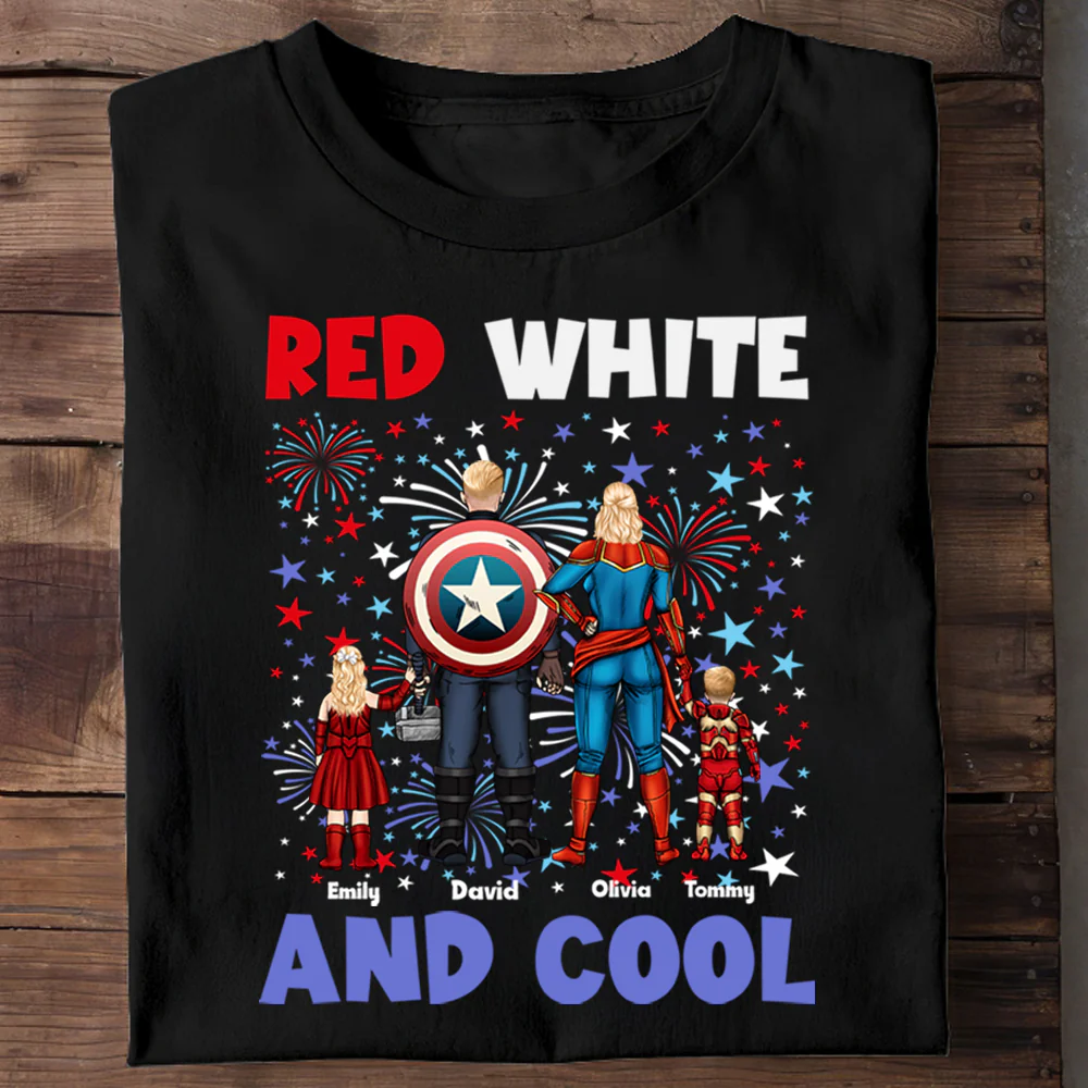 Super Hero Red White & Cool With 4Th Of July Pattern - Personalized T-shirt - Patriotic Gift For Family