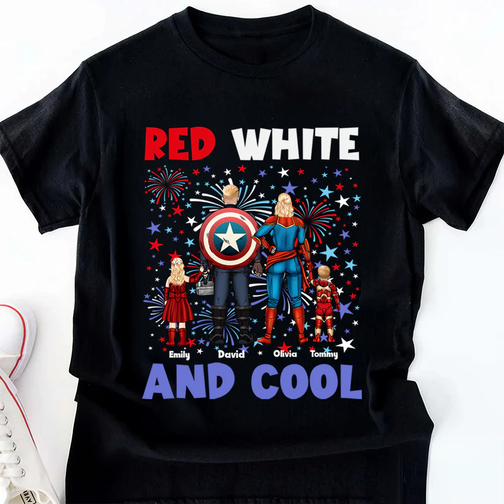 Super Hero Red White & Cool With 4Th Of July Pattern - Personalized T-shirt - Patriotic Gift For Family - Image 4