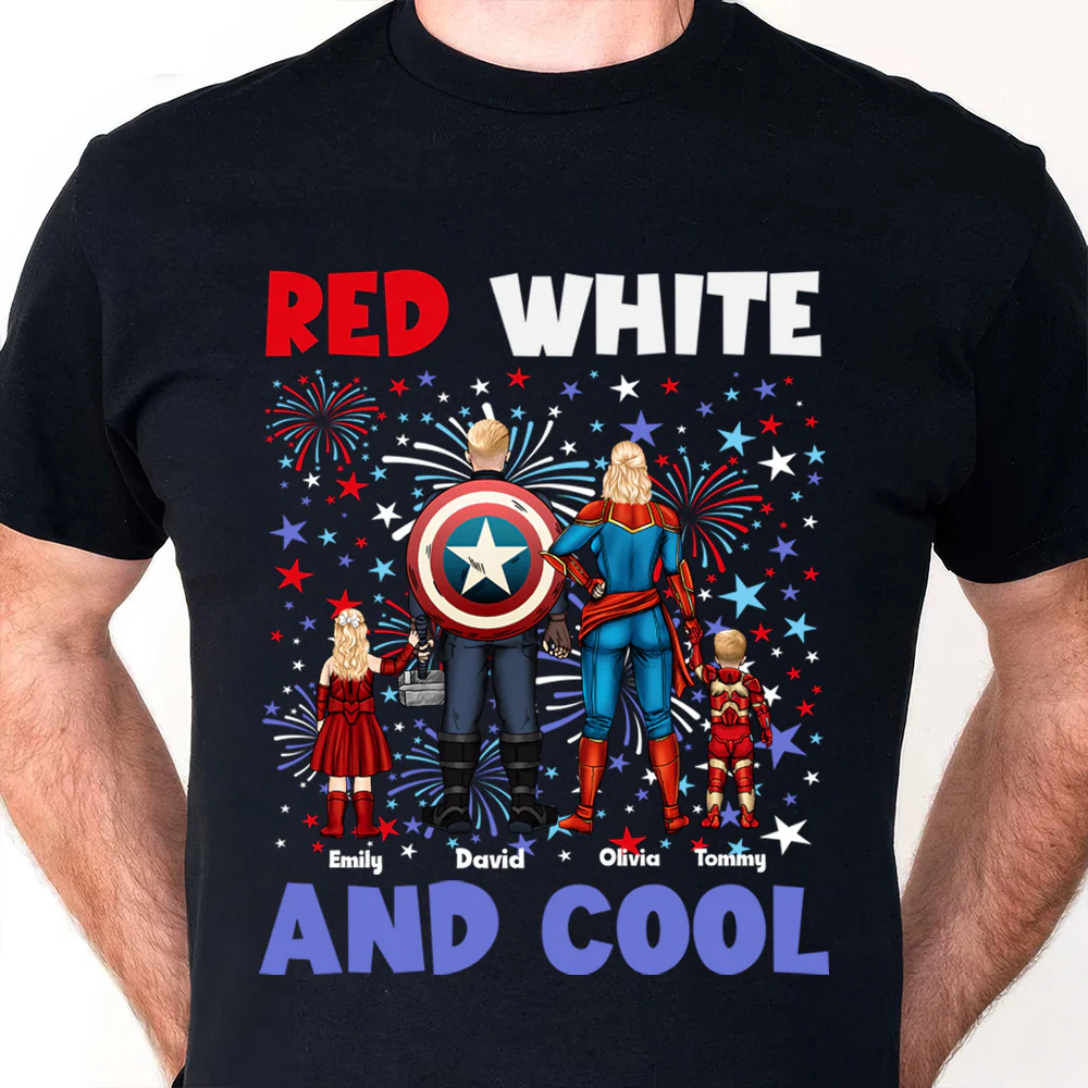Super Hero Red White & Cool With 4Th Of July Pattern - Personalized T-shirt - Patriotic Gift For Family - Image 5