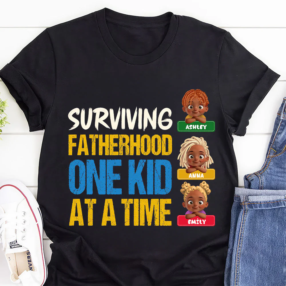 Surviving Fatherhood One Kid At A Time - Custom Kids Names T-Shirt - Funny Gift For Dad, Father's Day | GR26 HD95 - Image 2