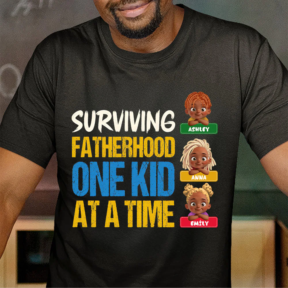 Surviving Fatherhood One Kid At A Time - Custom Kids Names T-Shirt - Funny Gift For Dad, Father's Day | GR26 HD95 - Image 3