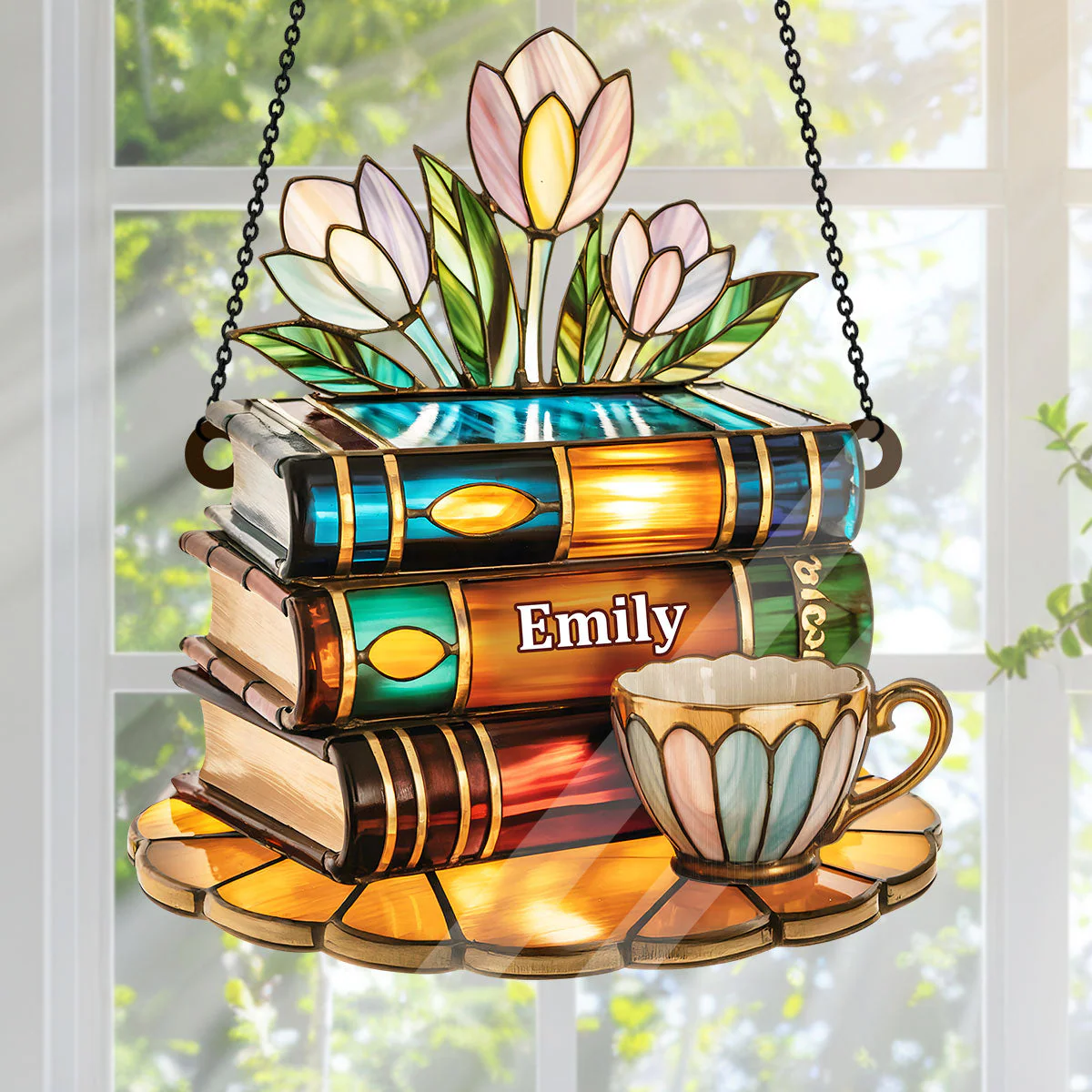 Tea Cup And Library - Personalized Window Hanging Suncatcher - Image 2