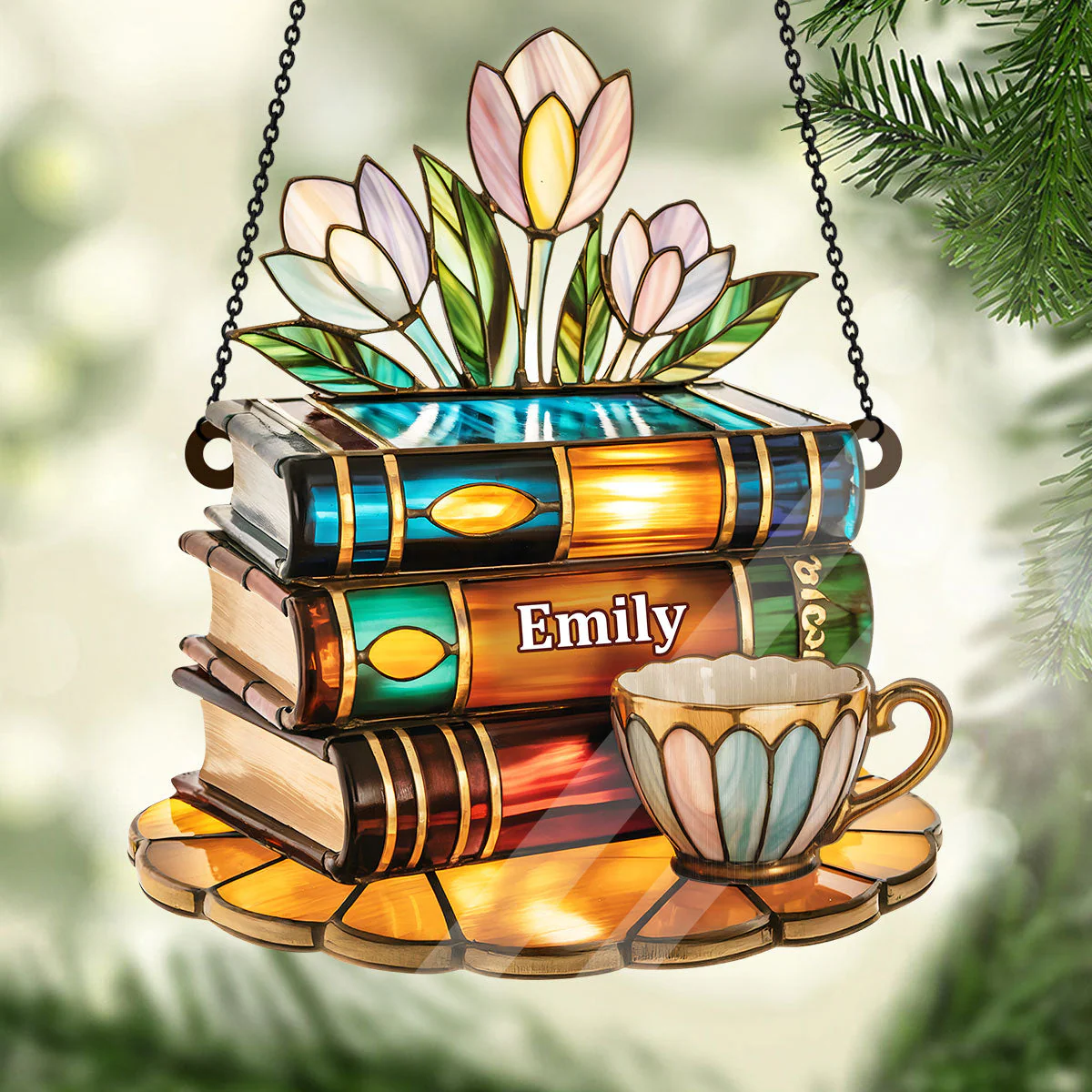 Tea Cup And Library - Personalized Window Hanging Suncatcher - Image 3