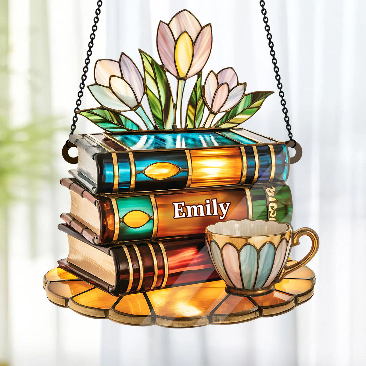 Tea Cup And Library - Personalized Window Hanging Suncatcher - Image 4