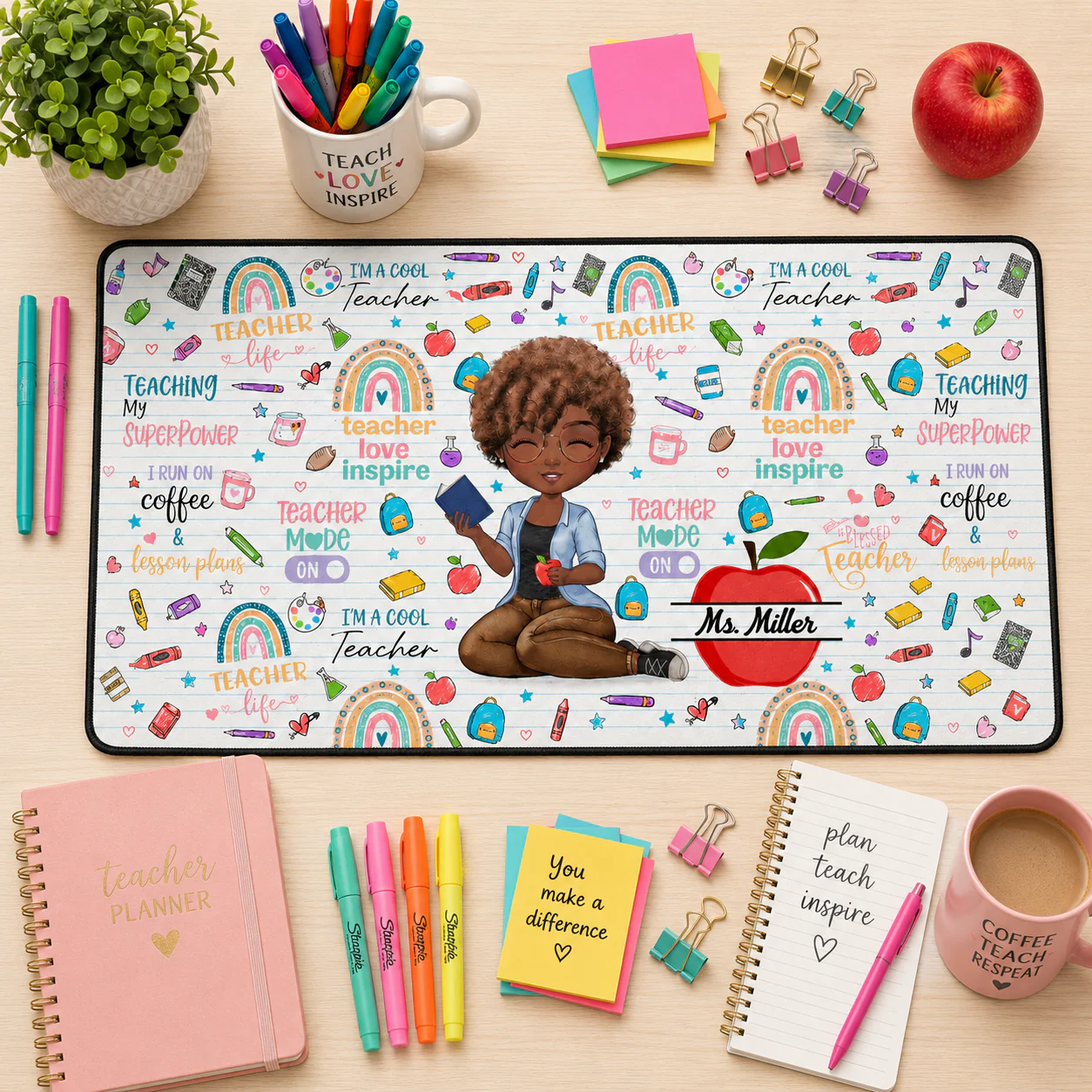 Teach Love Inspire Apple Custom - Personalized Desk Mat - Gifts For Teacher, Back To School