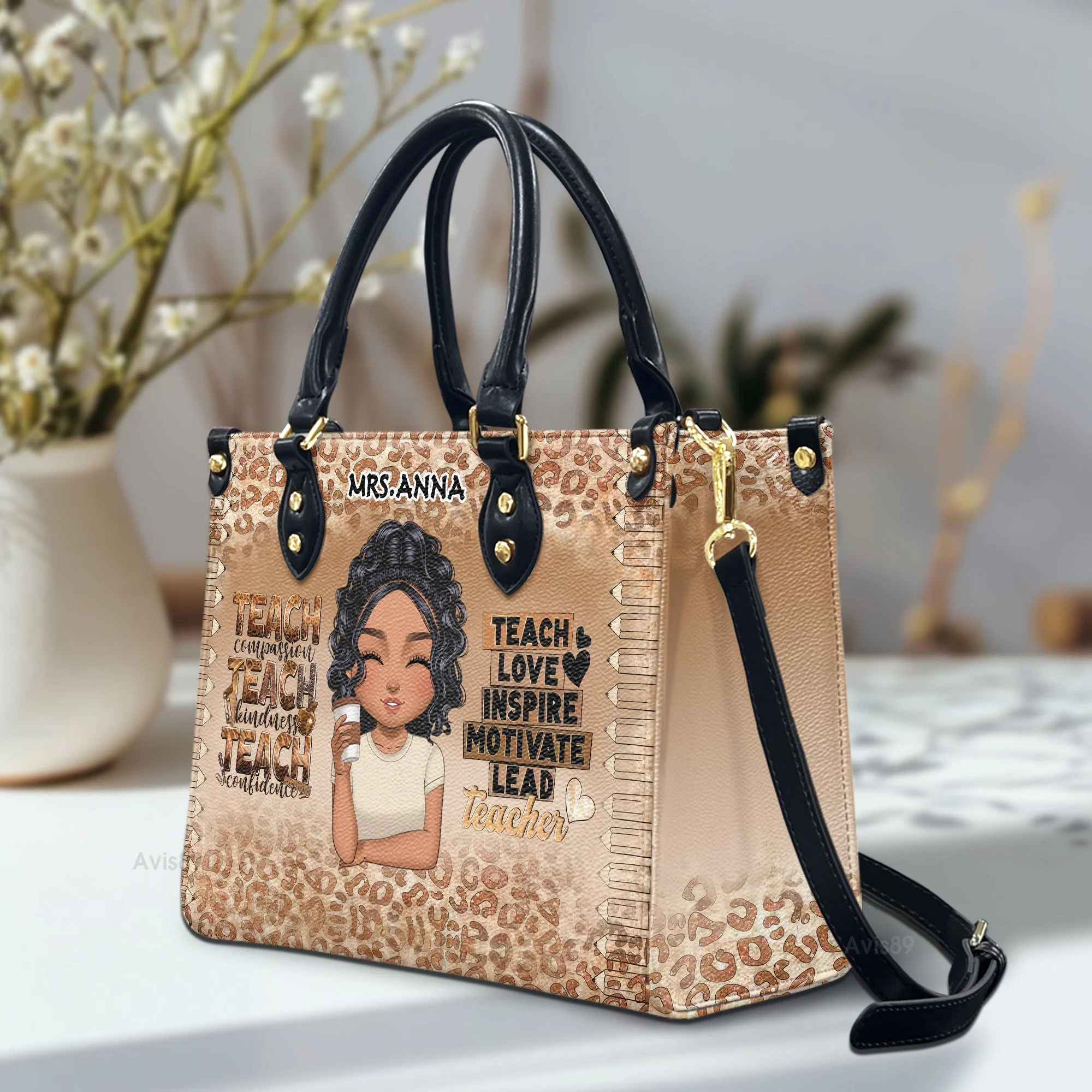 Teach Love Inspire Motivate Leopard Print - Personalized Leather Handbag - Gift For Teacher | CLTC05 HD95 | PT5070109 - Image 2