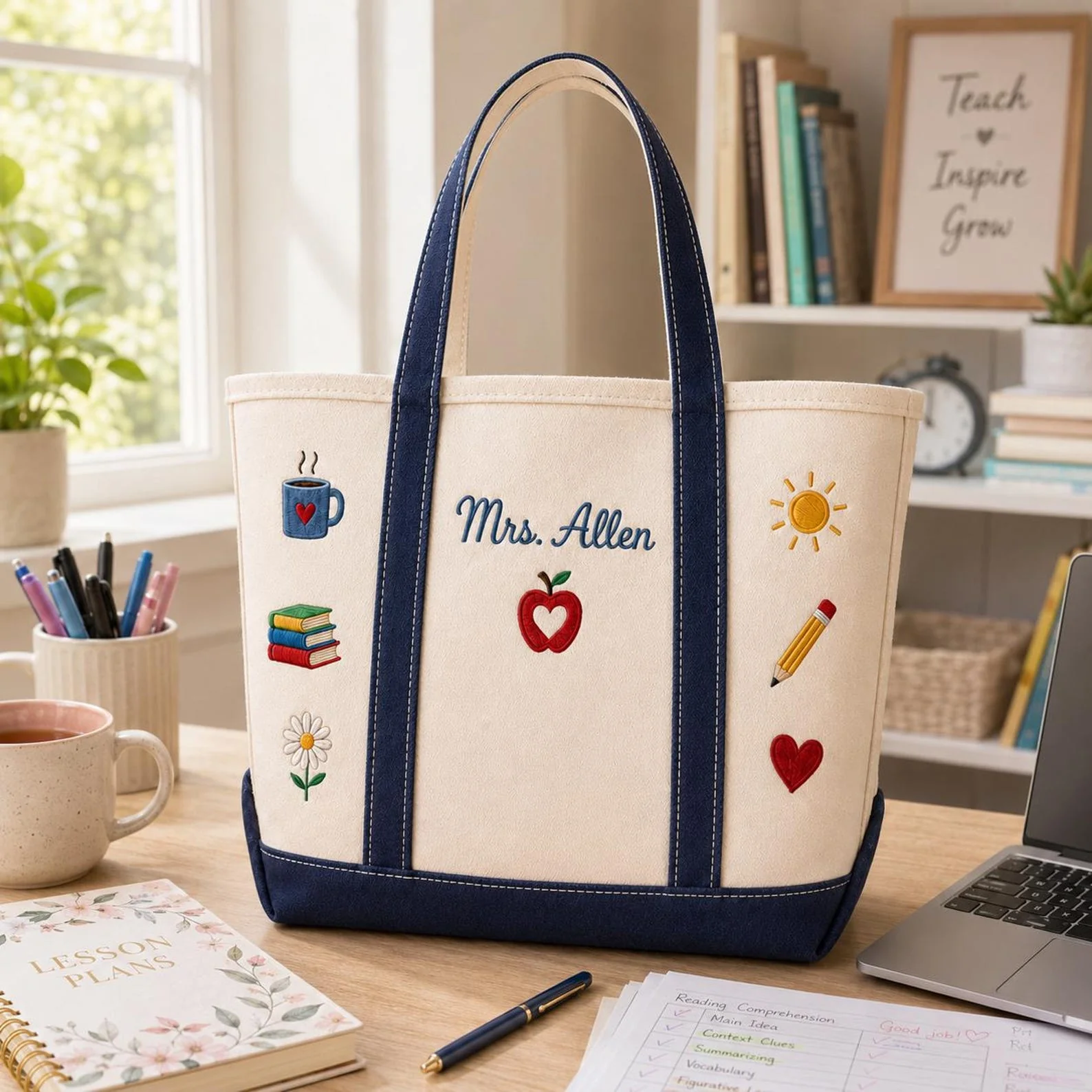 Teacher Apple Book Pencil Heart - Personalized Embroidery Tote Bag - Gift For Students, Teacher