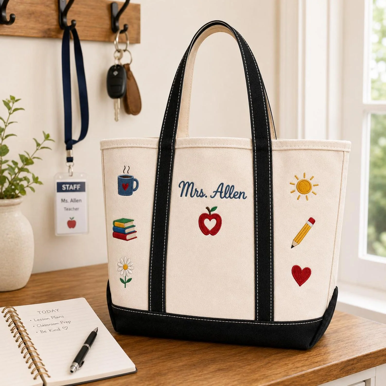Teacher Apple Book Pencil Heart - Personalized Embroidery Tote Bag - Gift For Students, Teacher - Image 3