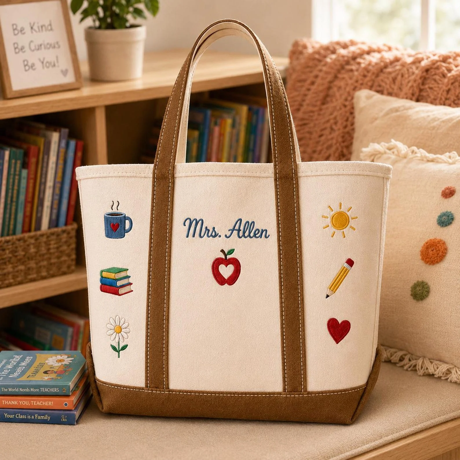 Teacher Apple Book Pencil Heart - Personalized Embroidery Tote Bag - Gift For Students, Teacher - Image 4