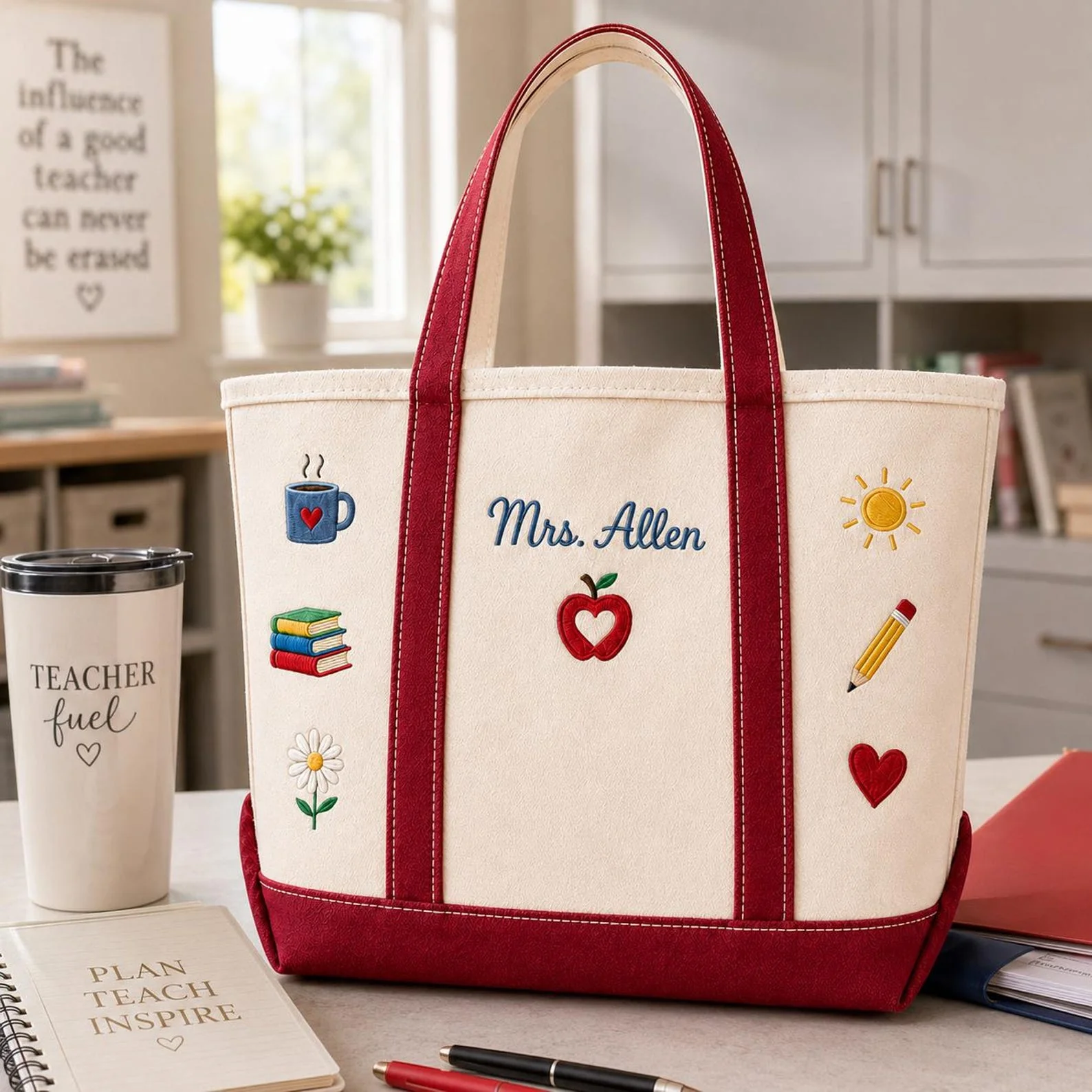 Teacher Apple Book Pencil Heart - Personalized Embroidery Tote Bag - Gift For Students, Teacher - Image 5