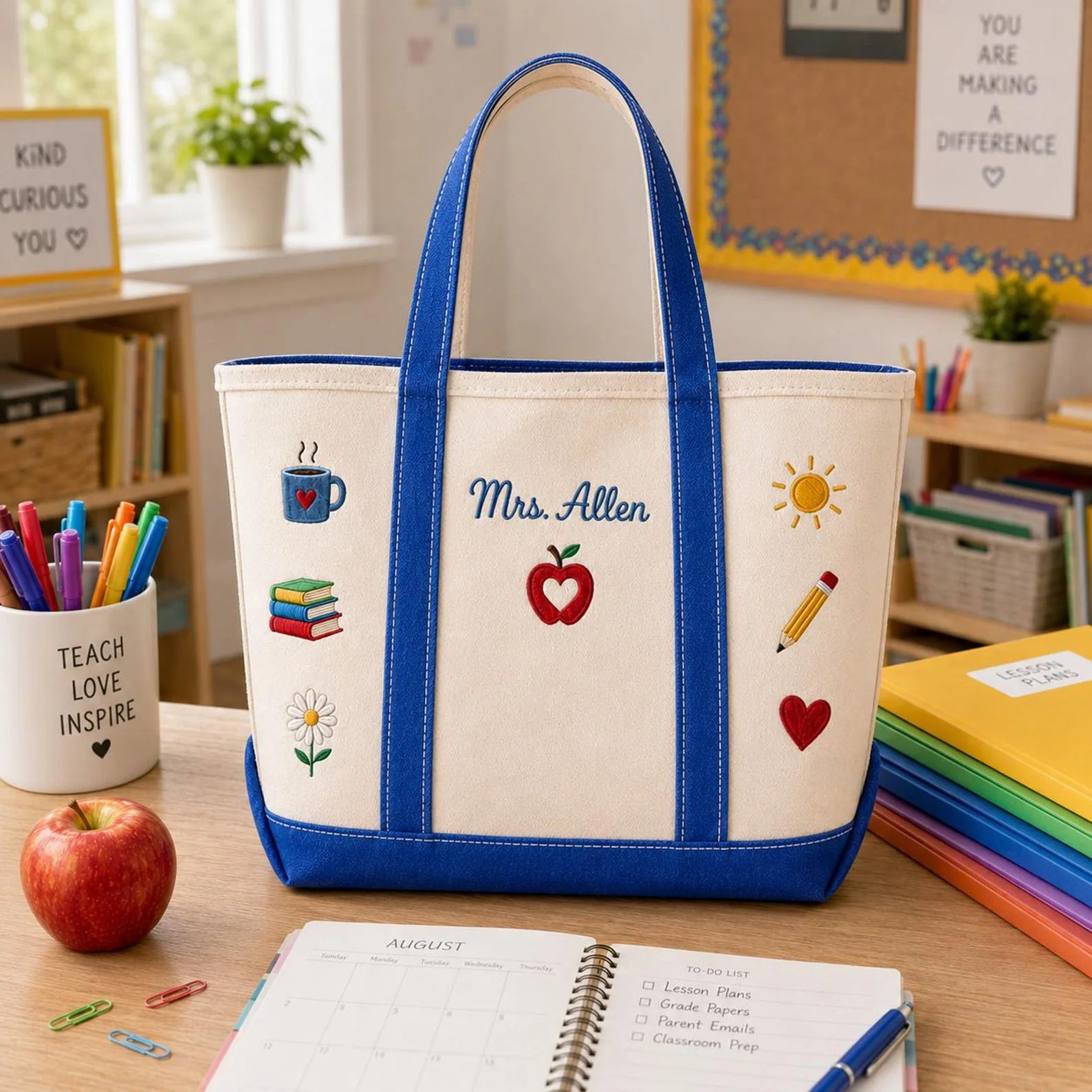 Teacher Apple Book Pencil Heart - Personalized Embroidery Tote Bag - Gift For Students, Teacher - Image 6