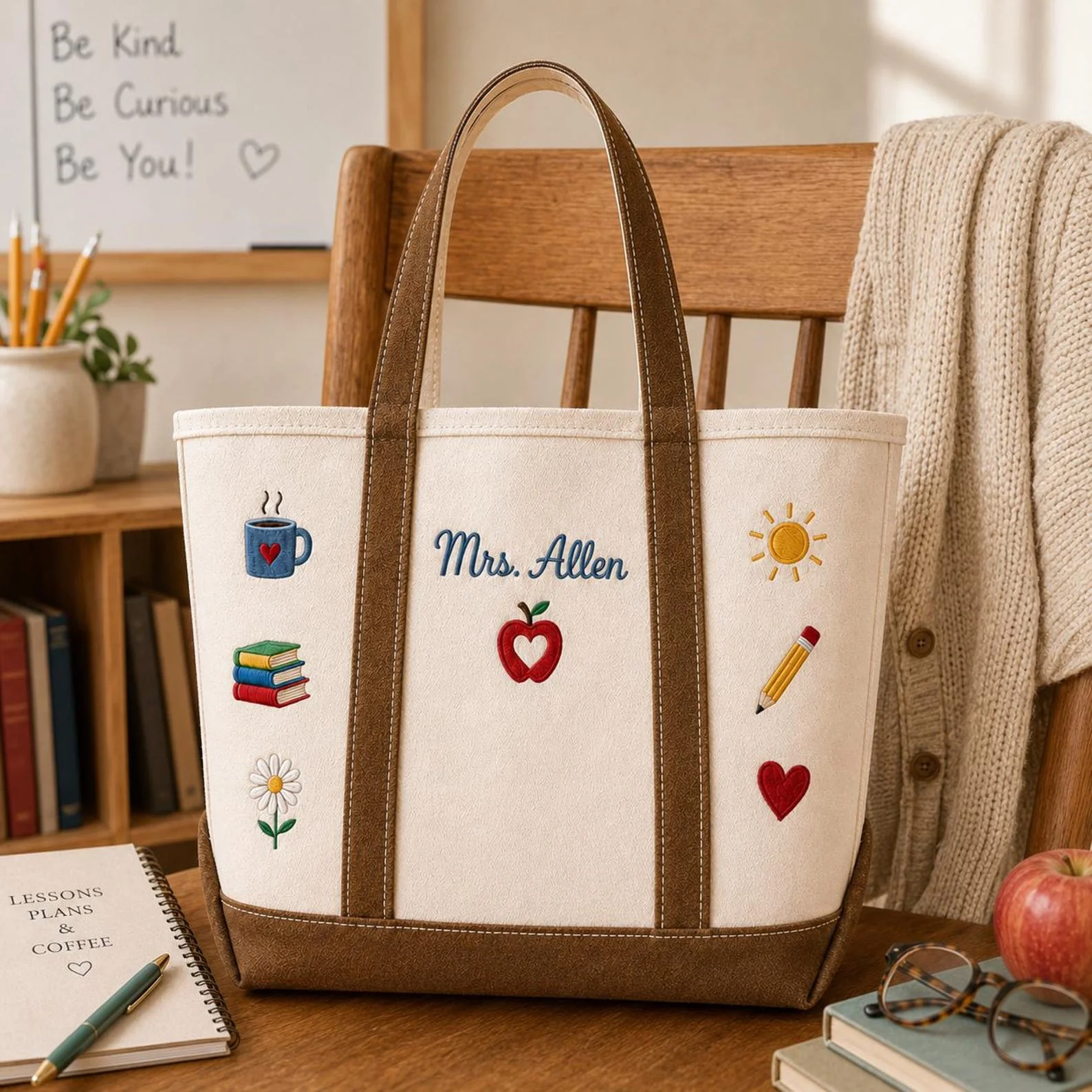 Teacher Apple Book Pencil Heart - Personalized Embroidery Tote Bag - Gift For Students, Teacher - Image 7