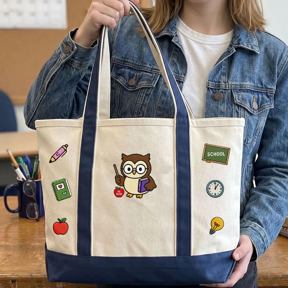 Teacher Owl Back To School Classroom Supplies - Embroidery Tote Bag - Gift For Students, Teacher VD01