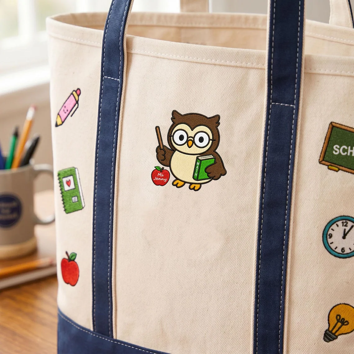 Teacher Owl Back To School Classroom Supplies - Embroidery Tote Bag - Gift For Students, Teacher VD01 - Image 3