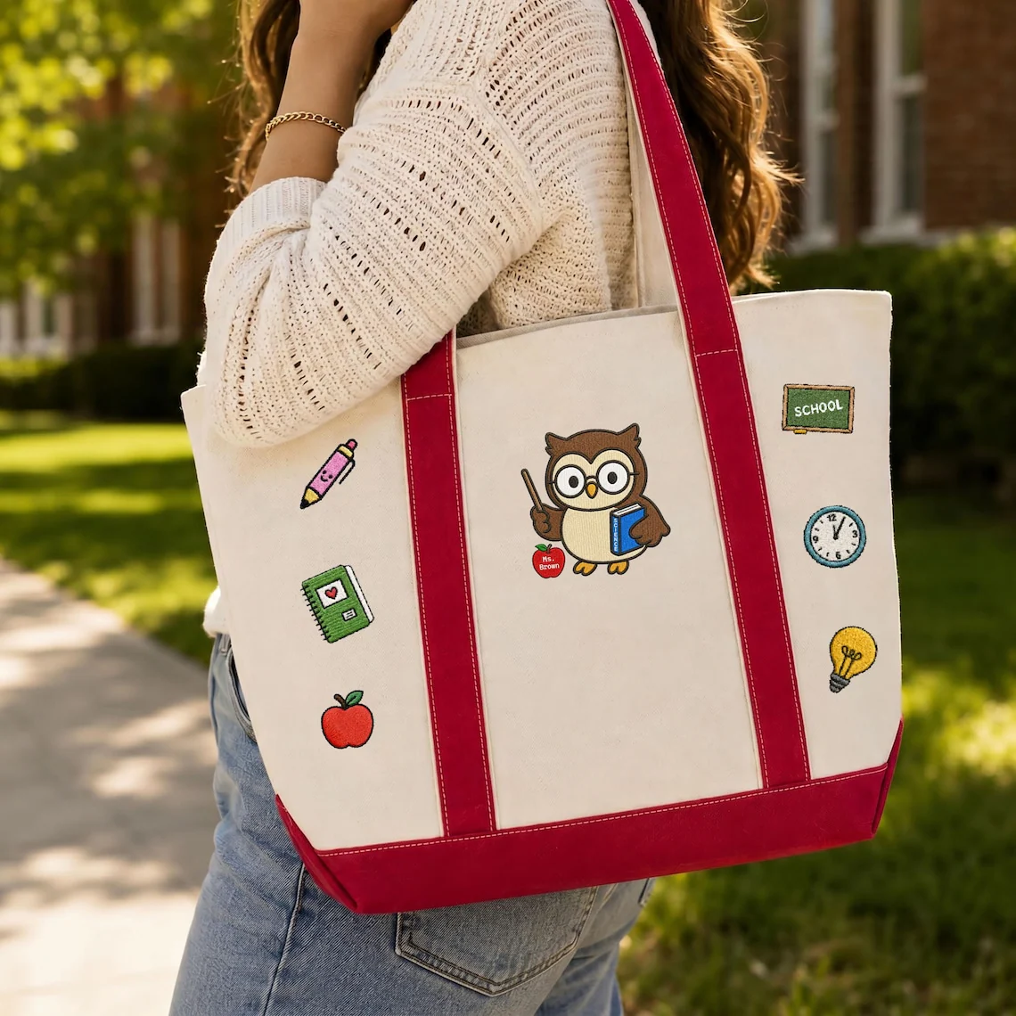 Teacher Owl Back To School Classroom Supplies - Embroidery Tote Bag - Gift For Students, Teacher VD01 - Image 5