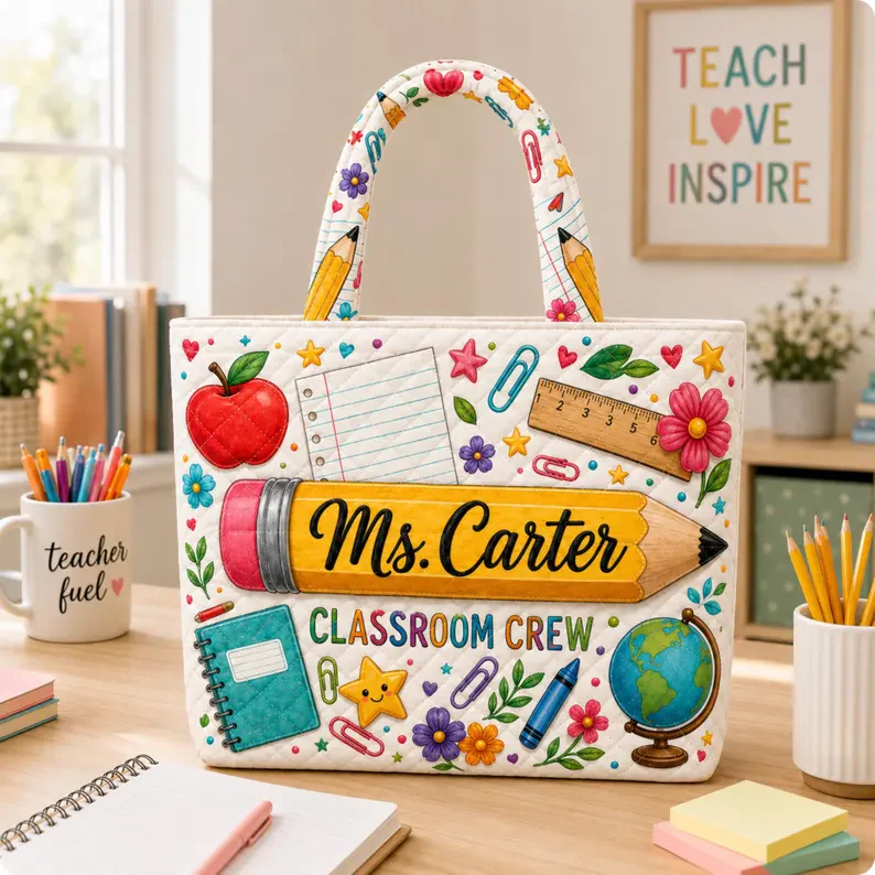 Teacher Pencil Classroom Crew Book Apple Floral - Personalized Quilted Tote Bag - Gift For Teacher VD01