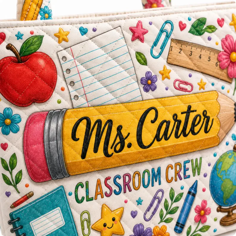 Teacher Pencil Classroom Crew Book Apple Floral - Personalized Quilted Tote Bag - Gift For Teacher VD01 - Image 5