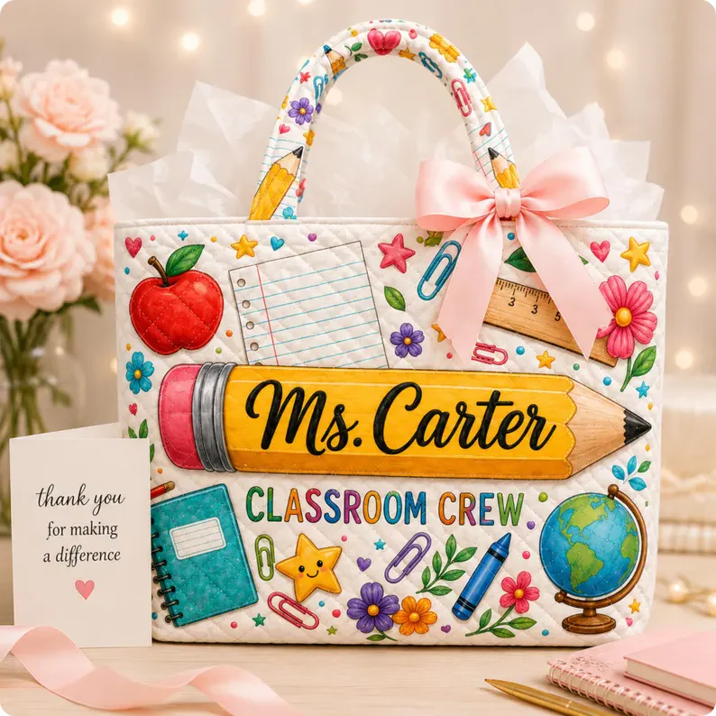 Teacher Pencil Classroom Crew Book Apple Floral - Personalized Quilted Tote Bag - Gift For Teacher VD01 - Image 6