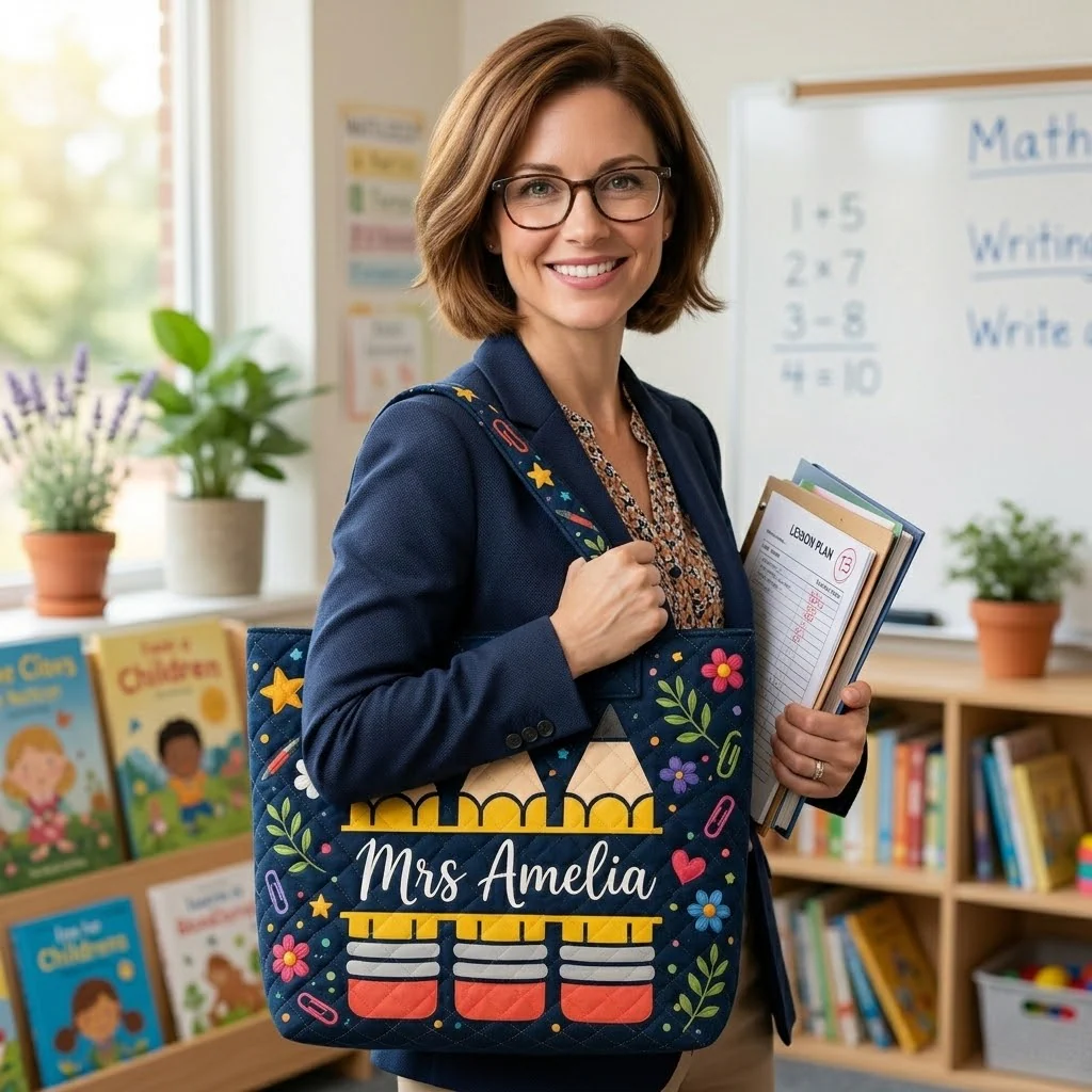 Teacher Pencil Floral - Personalized Quilted Tote Bag - Gift For Teacher - Image 3