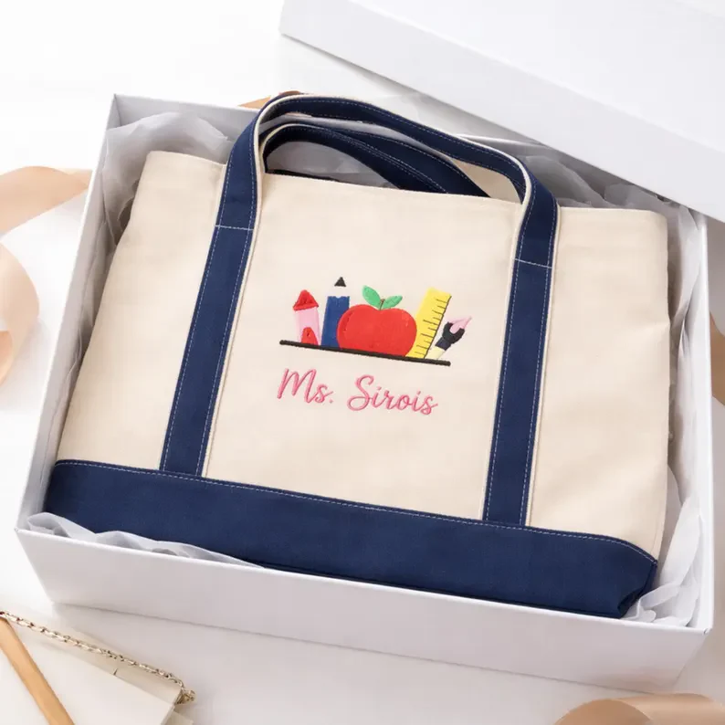 Teacher School Apple Pencil - Personalized Embroidery Tote Bag - Gift For Students, Teacher