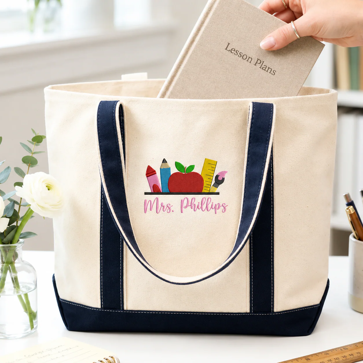 Teacher School Apple Pencil - Personalized Embroidery Tote Bag - Gift For Students, Teacher - Image 2