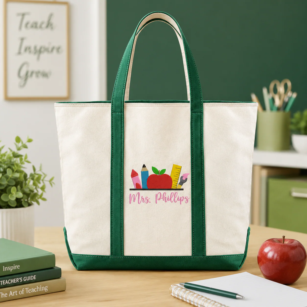 Teacher School Apple Pencil - Personalized Embroidery Tote Bag - Gift For Students, Teacher - Image 3