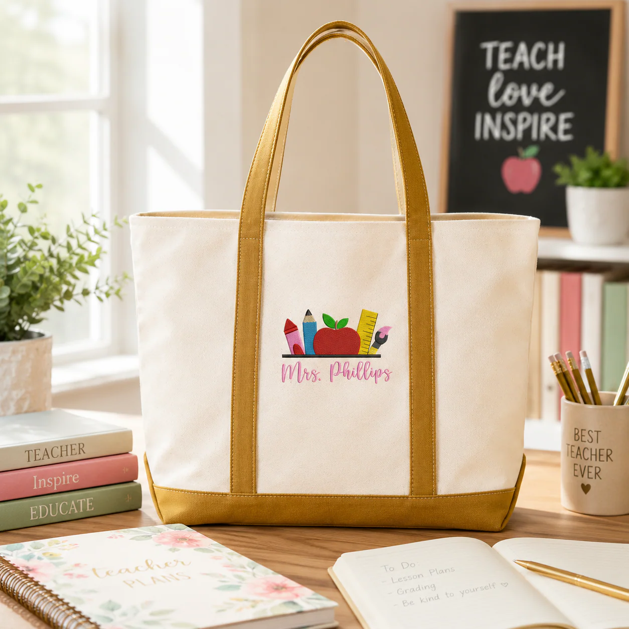 Teacher School Apple Pencil - Personalized Embroidery Tote Bag - Gift For Students, Teacher - Image 4