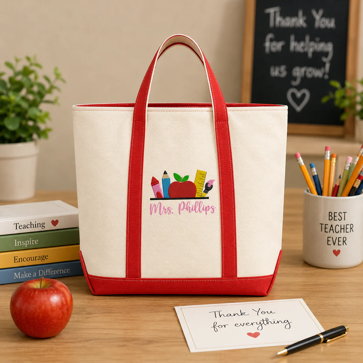 Teacher School Apple Pencil - Personalized Embroidery Tote Bag - Gift For Students, Teacher - Image 5