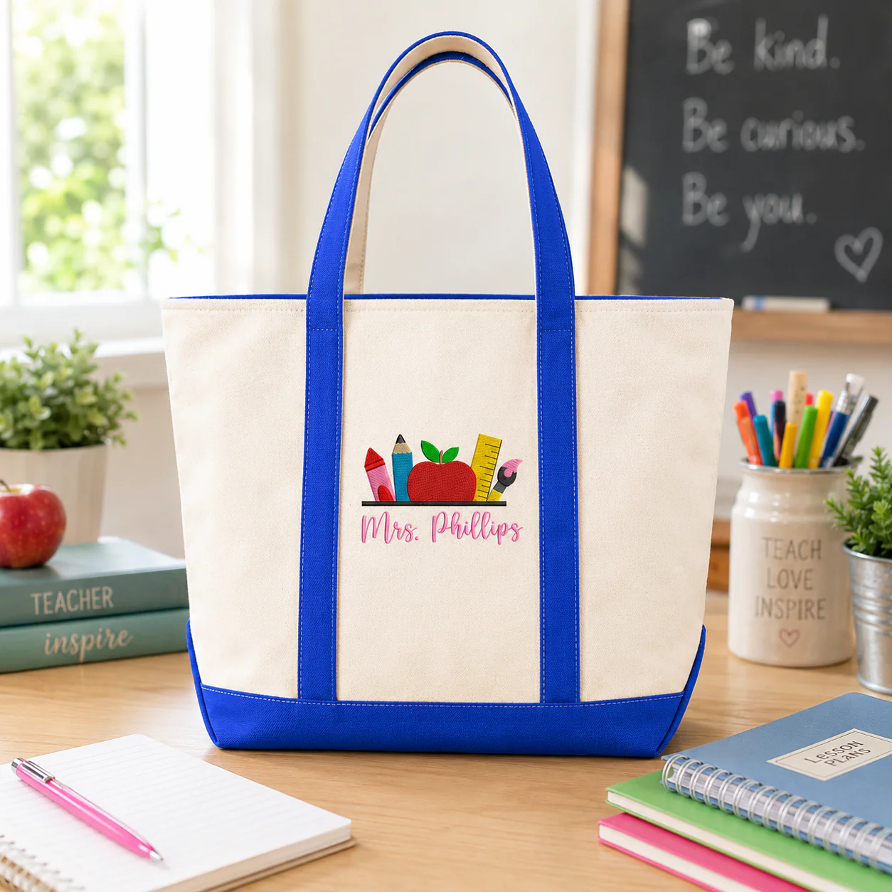Teacher School Apple Pencil - Personalized Embroidery Tote Bag - Gift For Students, Teacher - Image 6