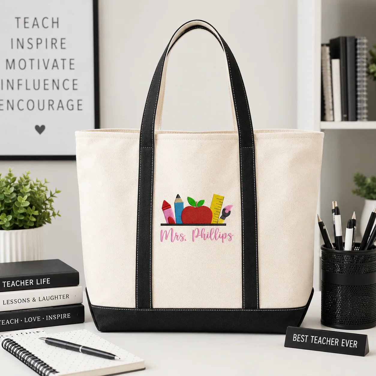 Teacher School Apple Pencil - Personalized Embroidery Tote Bag - Gift For Students, Teacher - Image 7